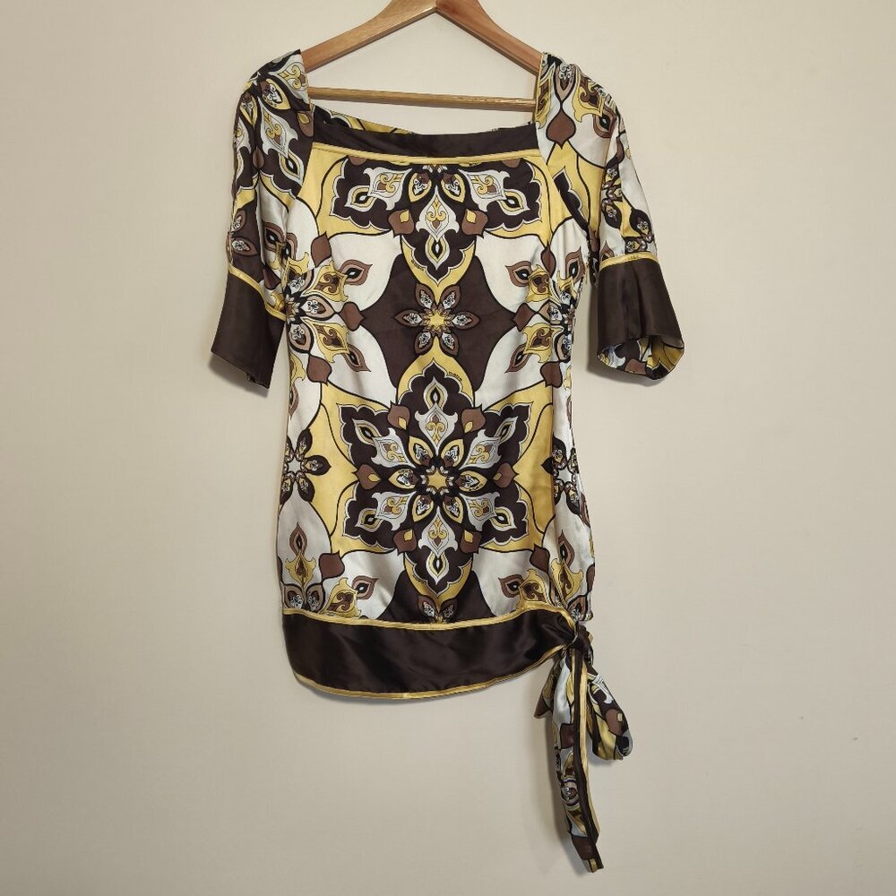 y2k Bebe Silk Stretch Square Neck Reversible Tunic Mini Dress sz XS Brown Yellow